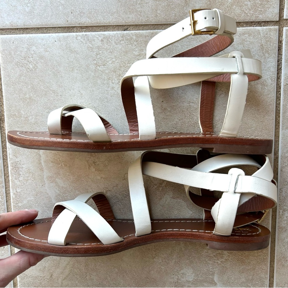 Tory Burch White Brown Sandals Gladiator Ankle Wrap Designer Leather Shoes Sz 9 - Picture 5 of 8